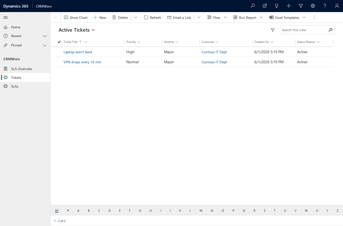 Active Tickets view — the §6 savedquery with its custom columns